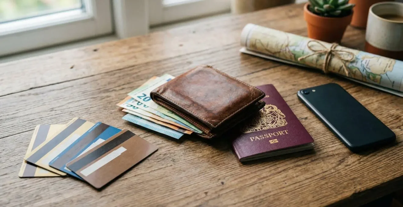 Préparation d'un budget voyage avec cartes bancaires, billets et calculatrice sur une table en bois