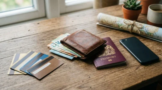 Préparation d'un budget voyage avec cartes bancaires, billets et calculatrice sur une table en bois