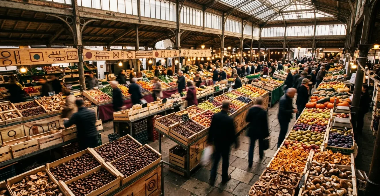 Vue panoramique d'un marché français avec des produits de saison disposés selon le calendrier gastronomique