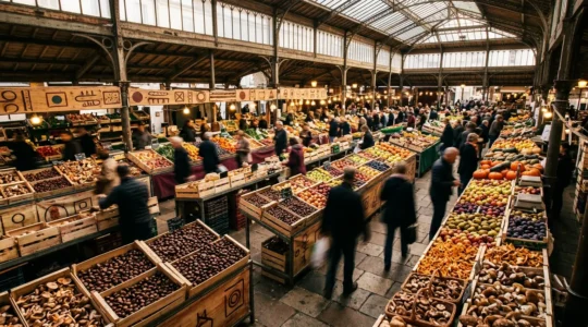 Vue panoramique d'un marché français avec des produits de saison disposés selon le calendrier gastronomique