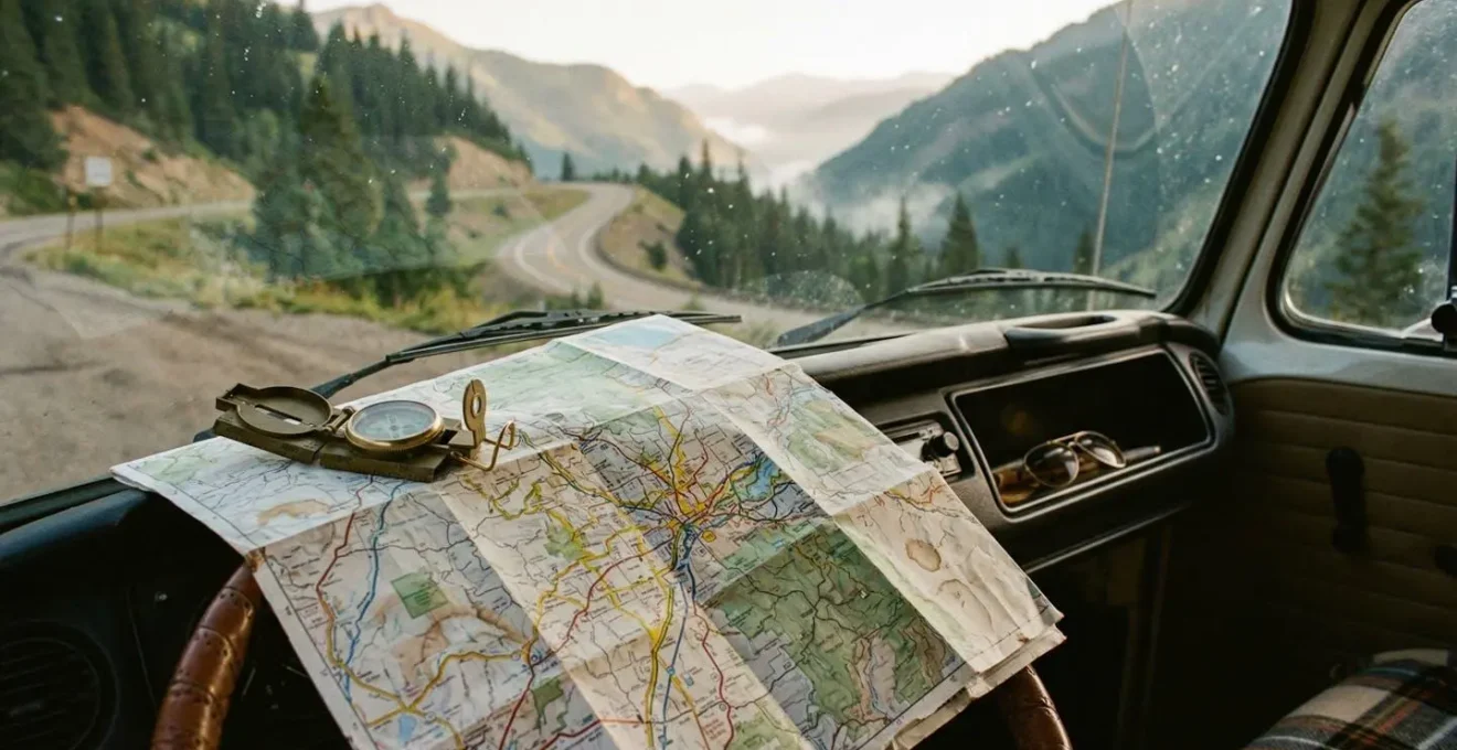 Carte routière dépliée sur le tableau de bord d'un van avec vue sur une route sinueuse de montagne