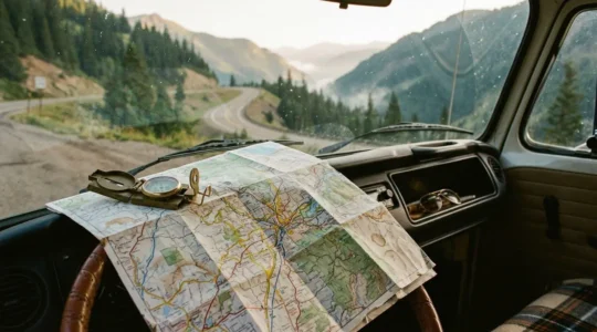 Carte routière dépliée sur le tableau de bord d'un van avec vue sur une route sinueuse de montagne