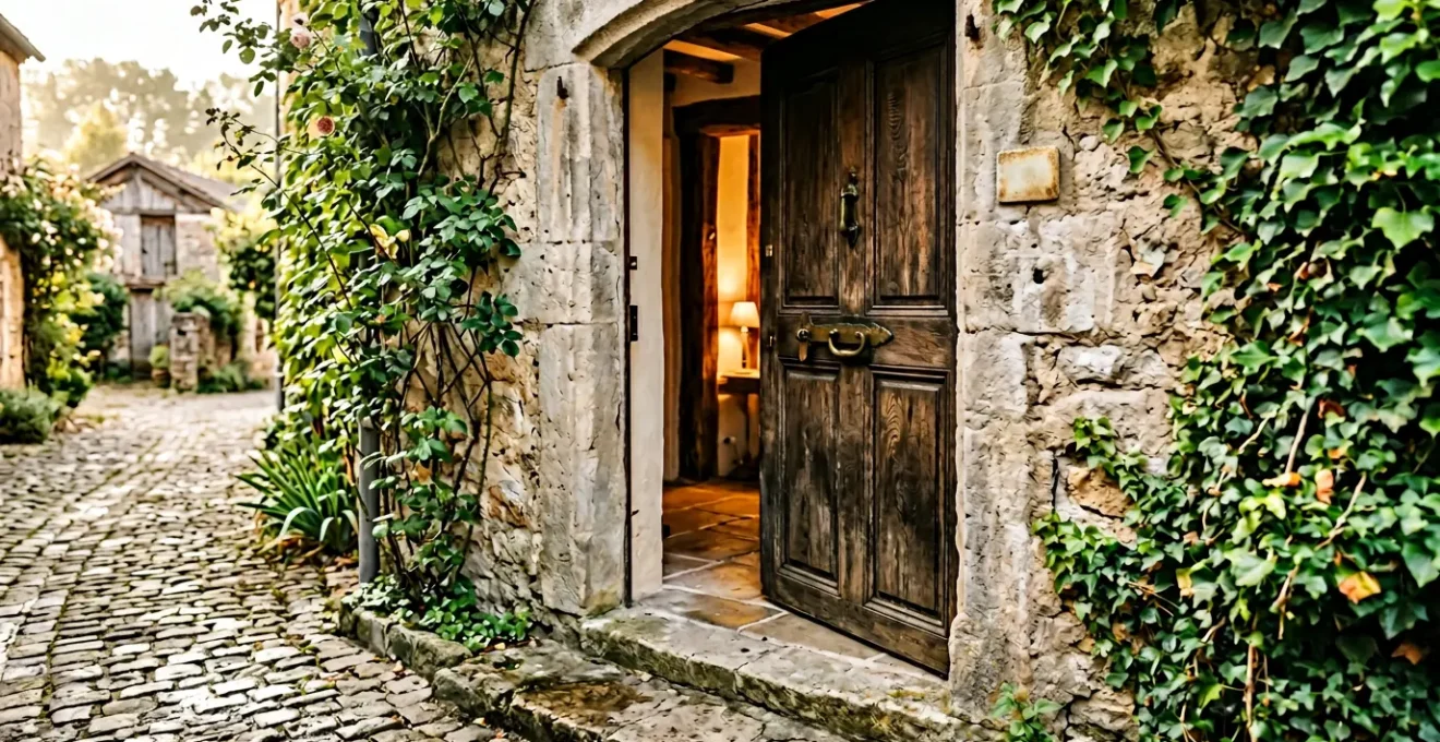 Seuil d'entrée d'une chambre d'hôtes avec porte entrouverte révélant un intérieur chaleureux
