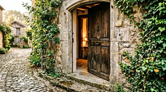 Seuil d'entrée d'une chambre d'hôtes avec porte entrouverte révélant un intérieur chaleureux