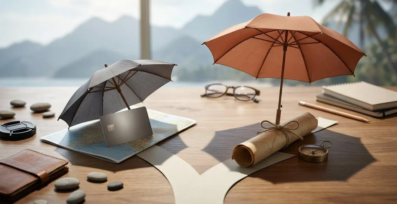 Comparaison visuelle entre carte bancaire et contrat d'assurance voyage sur un bureau