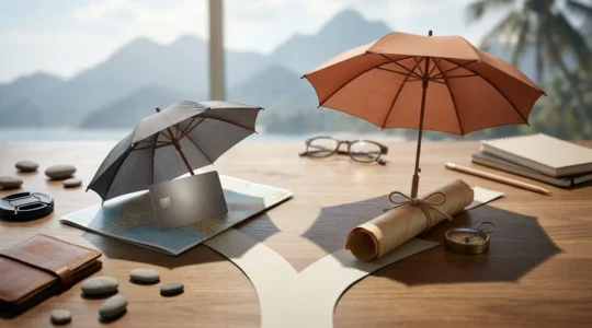 Comparaison visuelle entre carte bancaire et contrat d'assurance voyage sur un bureau