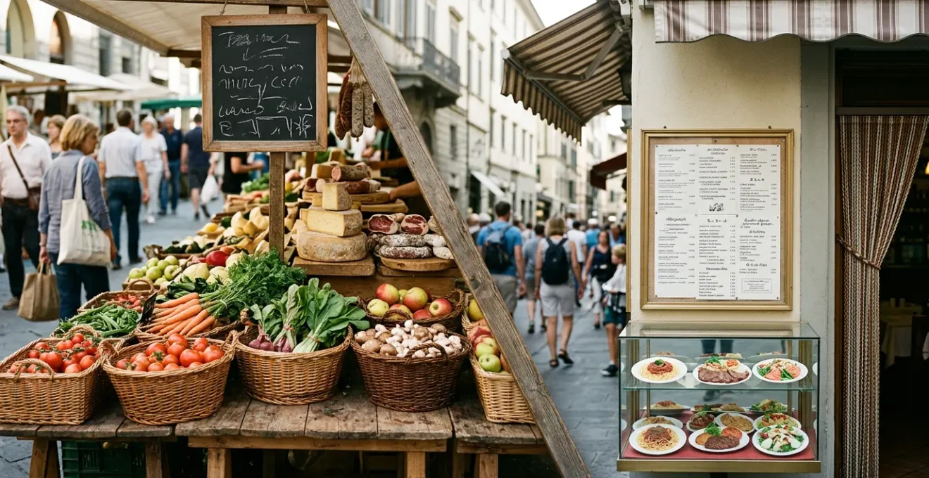 Scène de marché local avec des produits frais du terroir et un stand de cuisine authentique