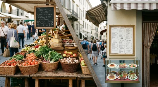 Scène de marché local avec des produits frais du terroir et un stand de cuisine authentique