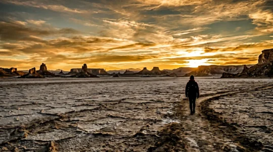 Voyageur seul dans un environnement totalement étranger, paysage surréaliste créant une sensation de désorientation volontaire