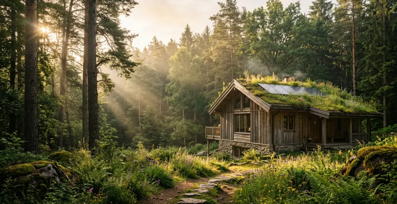 Vue d'un écolodge authentique intégré dans un environnement naturel préservé avec architecture bioclimatique