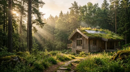 Vue d'un écolodge authentique intégré dans un environnement naturel préservé avec architecture bioclimatique