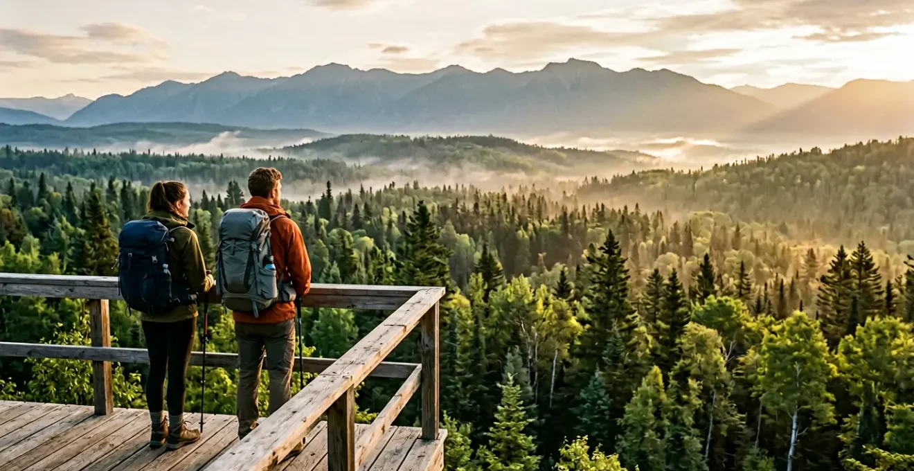 Voyageurs contemplant un paysage naturel préservé avec forêt verdoyante et montagne