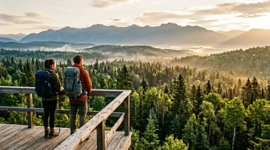 Voyageurs contemplant un paysage naturel préservé avec forêt verdoyante et montagne