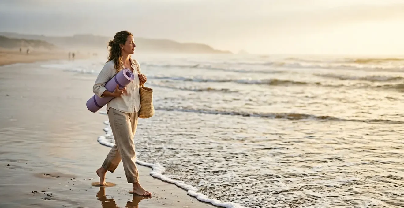 Personne pratiquant une marche méditative sur une plage au lever du soleil avec équilibre entre activité douce et contemplation