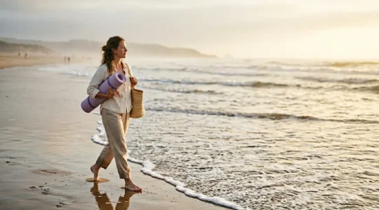 Personne pratiquant une marche méditative sur une plage au lever du soleil avec équilibre entre activité douce et contemplation