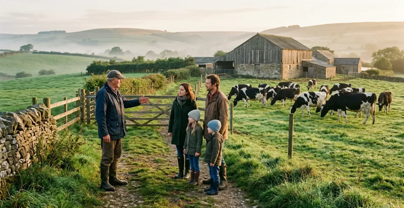 Un agriculteur guide des visiteurs respectueux dans sa ferme au petit matin, observant ensemble les vaches dans leur pâturage