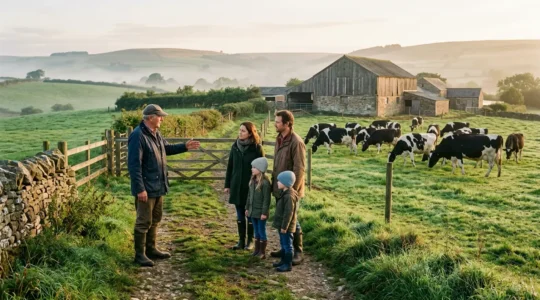 Un agriculteur guide des visiteurs respectueux dans sa ferme au petit matin, observant ensemble les vaches dans leur pâturage