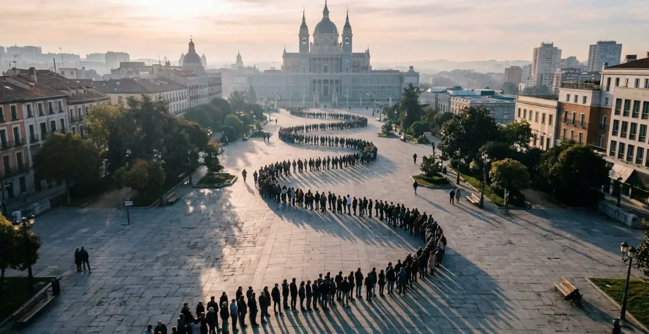 Vue aérienne d'une file d'attente serpentine de touristes devant un monument emblématique au lever du soleil