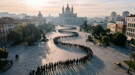 Vue aérienne d'une file d'attente serpentine de touristes devant un monument emblématique au lever du soleil