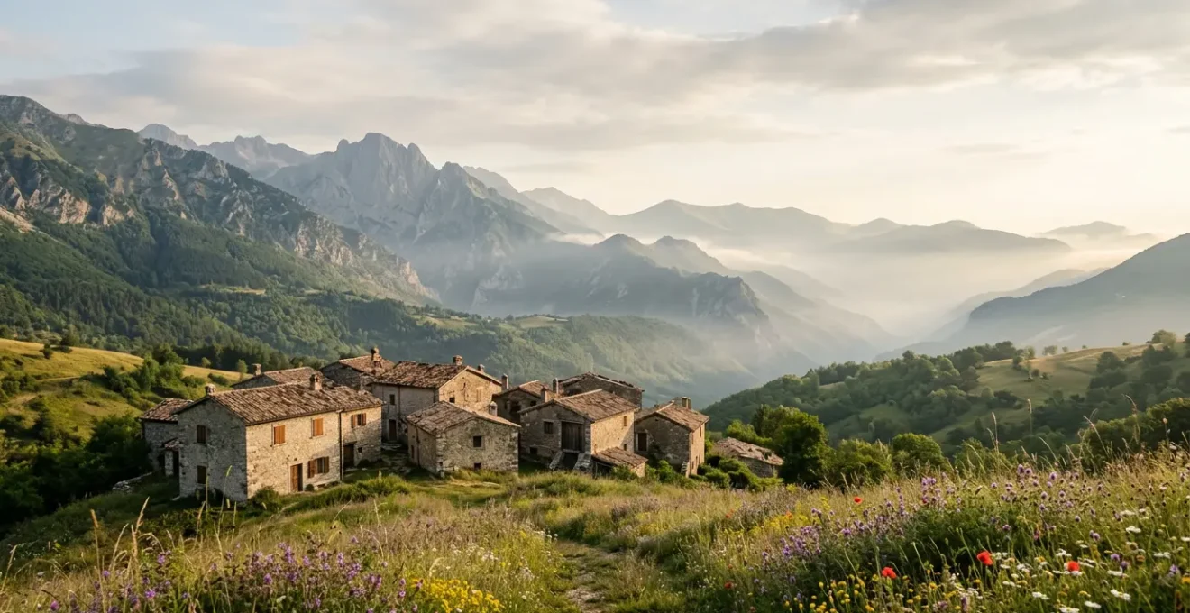 Vue panoramique d'un hameau isolé niché dans les montagnes françaises avec brume matinale