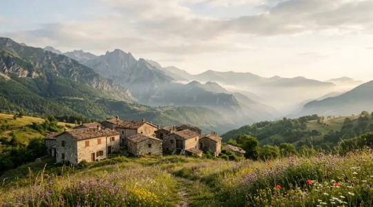 Vue panoramique d'un hameau isolé niché dans les montagnes françaises avec brume matinale