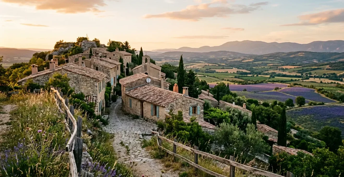 Vue panoramique d'un hameau isolé niché dans les montagnes françaises avec des maisons en pierre traditionnelles