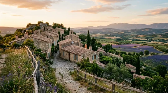 Vue panoramique d'un hameau isolé niché dans les montagnes françaises avec des maisons en pierre traditionnelles