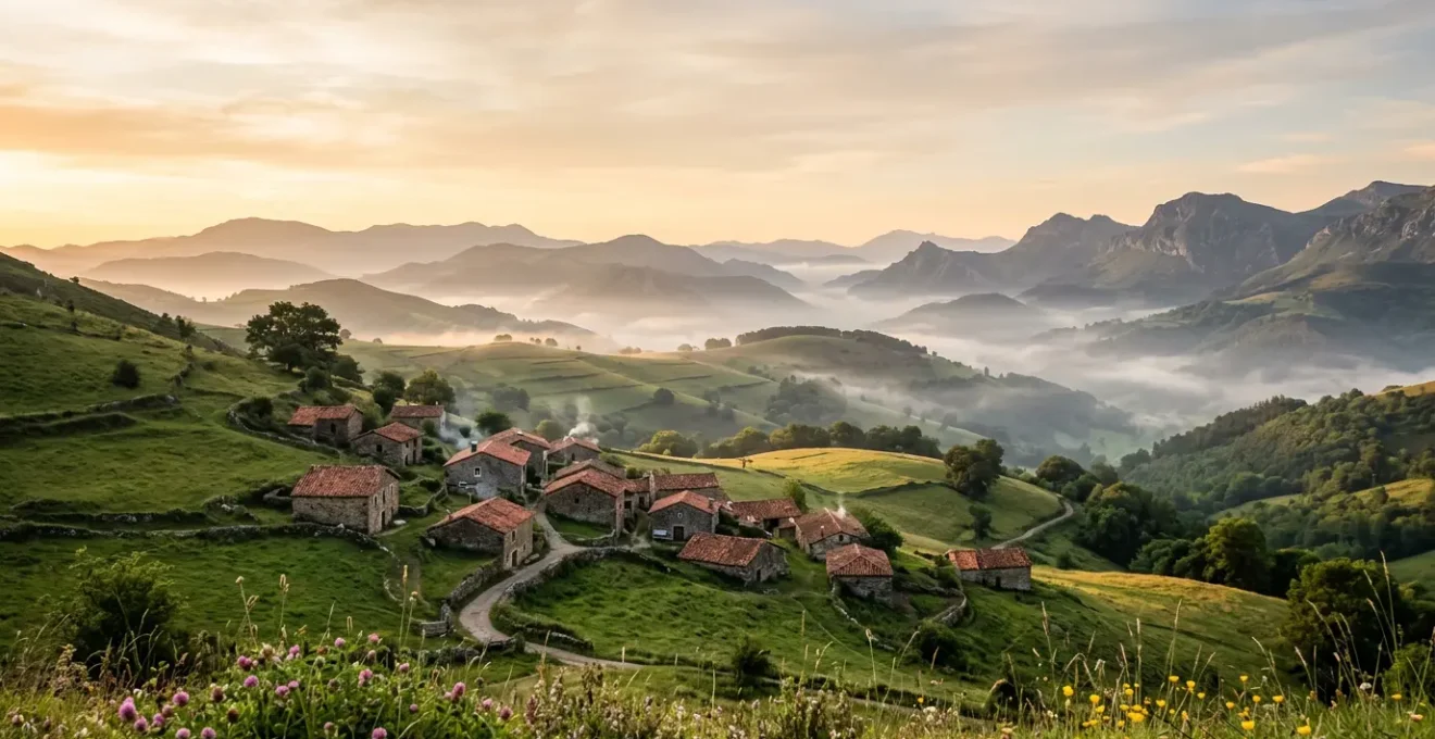 Vue panoramique d'un hameau isolé avec des maisons en pierre anciennes nichées dans des collines verdoyantes au lever du soleil
