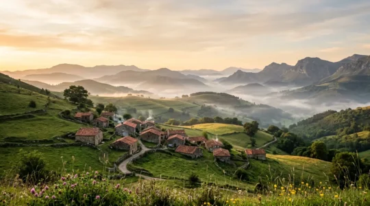 Vue panoramique d'un hameau isolé avec des maisons en pierre anciennes nichées dans des collines verdoyantes au lever du soleil