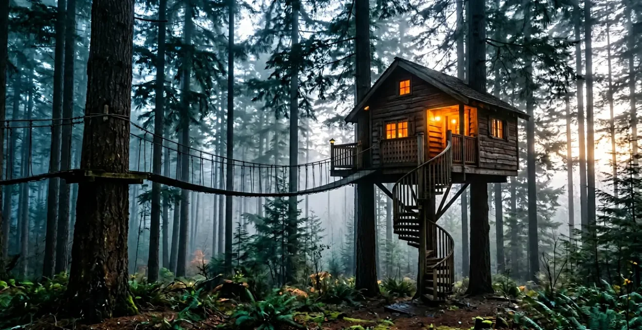 Vue aérienne d'une cabane en bois perchée dans les arbres au milieu d'une forêt verdoyante avec un pont suspendu