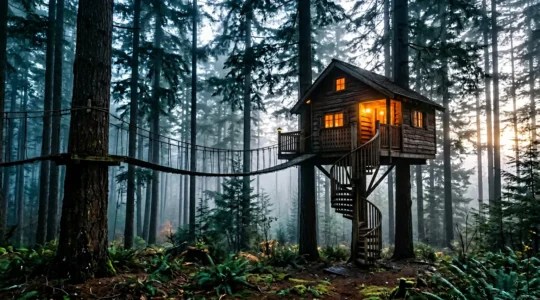 Vue aérienne d'une cabane en bois perchée dans les arbres au milieu d'une forêt verdoyante avec un pont suspendu