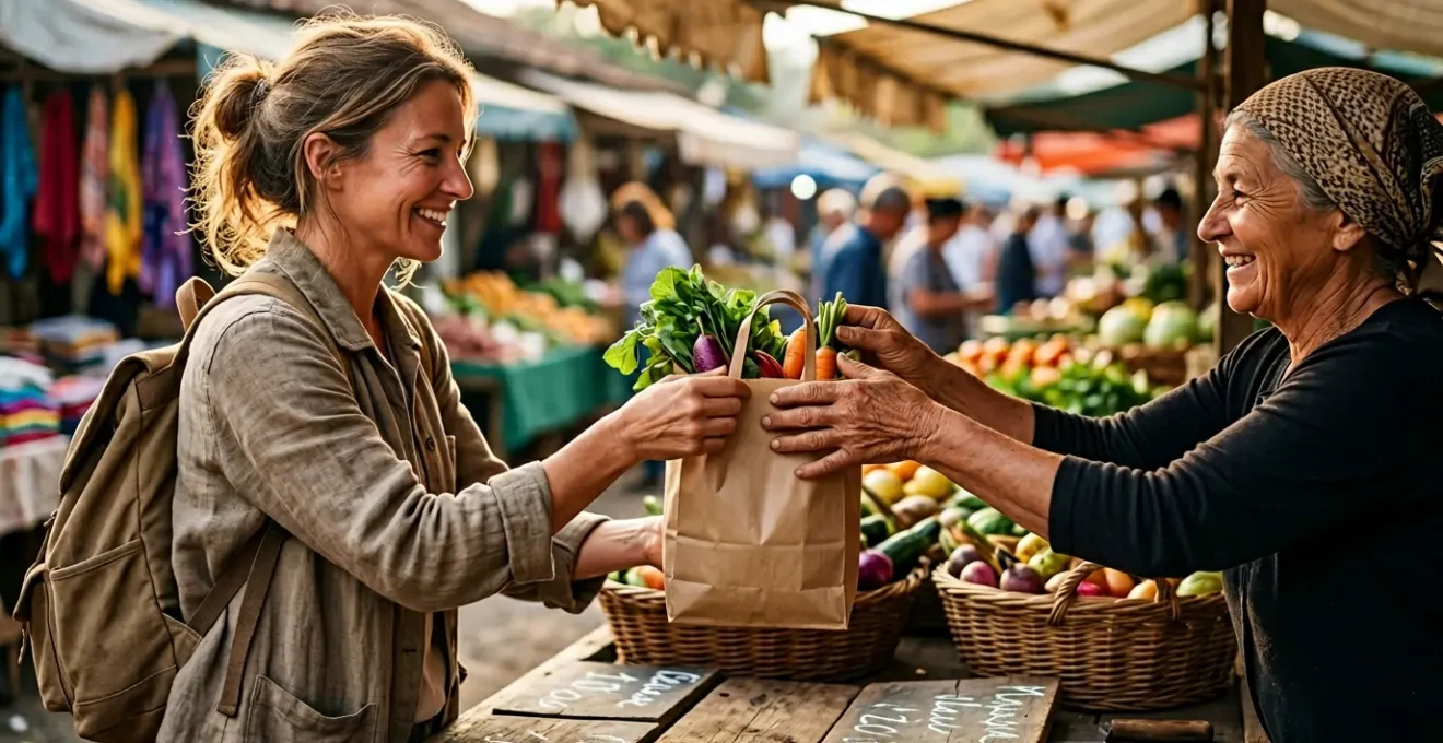Scène de marché local avec un voyageur échangeant avec un producteur artisanal dans une atmosphère chaleureuse et authentique