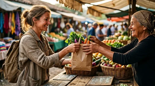 Scène de marché local avec un voyageur échangeant avec un producteur artisanal dans une atmosphère chaleureuse et authentique