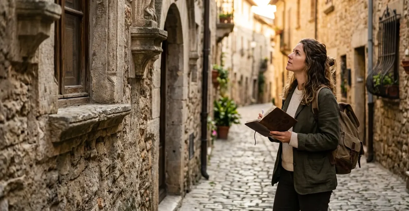 Voyageur observant une fresque murale historique dans une ruelle pavée européenne, carnet de notes à la main