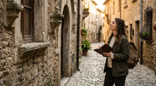Voyageur observant une fresque murale historique dans une ruelle pavée européenne, carnet de notes à la main