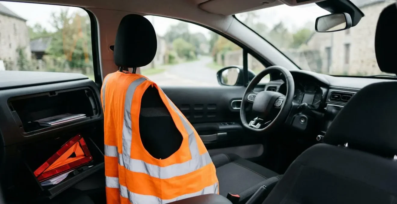 Kit de sécurité automobile complet avec gilet jaune et triangle de signalisation dans un véhicule français