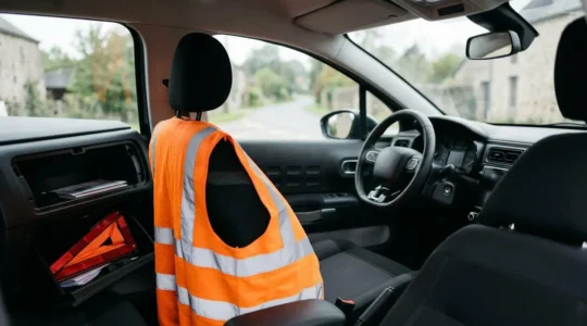 Kit de sécurité automobile complet avec gilet jaune et triangle de signalisation dans un véhicule français