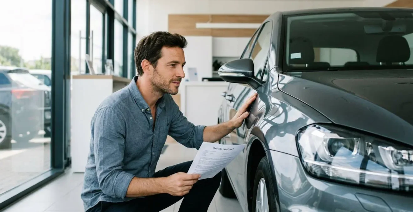 Conducteur vérifiant minutieusement l'état d'une voiture de location avec un contrat de location à la main dans une agence de location