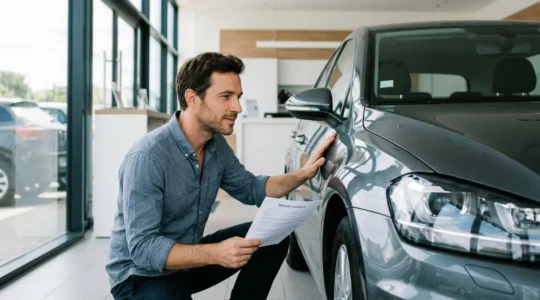 Conducteur vérifiant minutieusement l'état d'une voiture de location avec un contrat de location à la main dans une agence de location