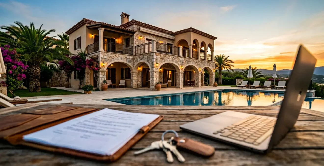 Villa luxueuse avec piscine et documents de location flous en premier plan, atmosphère trompeuse