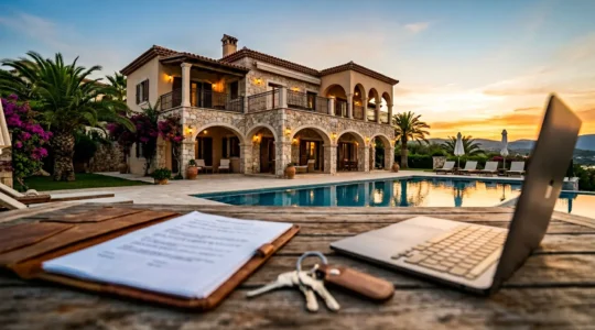 Villa luxueuse avec piscine et documents de location flous en premier plan, atmosphère trompeuse