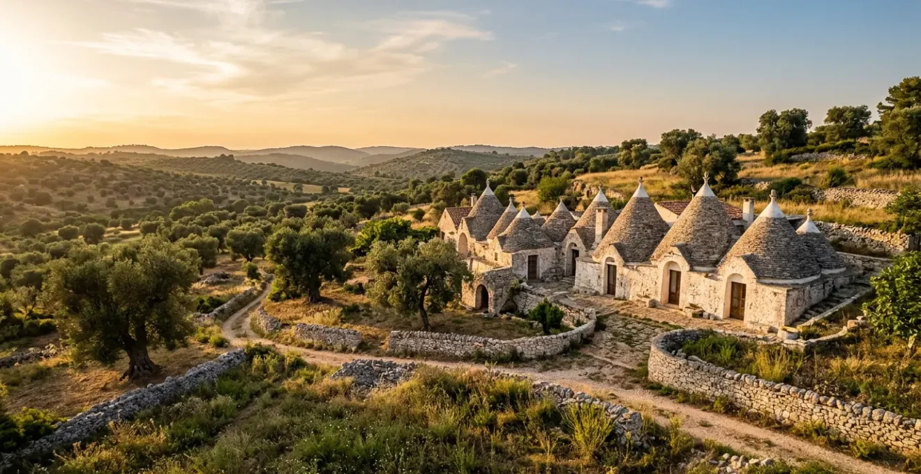 Vue panoramique d'un ensemble de trulli traditionnels dans la vallée d'Itria au coucher du soleil, mettant en valeur l'architecture bioclimatique et l'harmonie avec le paysage méditerranéen
