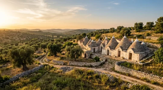 Vue panoramique d'un ensemble de trulli traditionnels dans la vallée d'Itria au coucher du soleil, mettant en valeur l'architecture bioclimatique et l'harmonie avec le paysage méditerranéen
