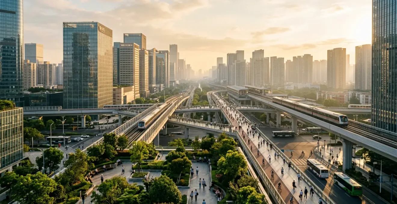 Vue panoramique d'une mégalopole moderne avec transports en commun et espaces verts