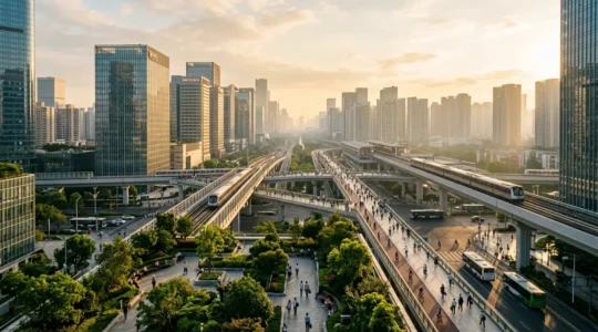 Vue panoramique d'une mégalopole moderne avec transports en commun et espaces verts
