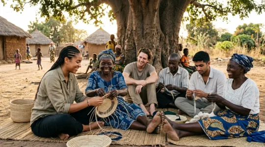 Volontaires partageant un moment culturel avec des habitants d'un village rural africain