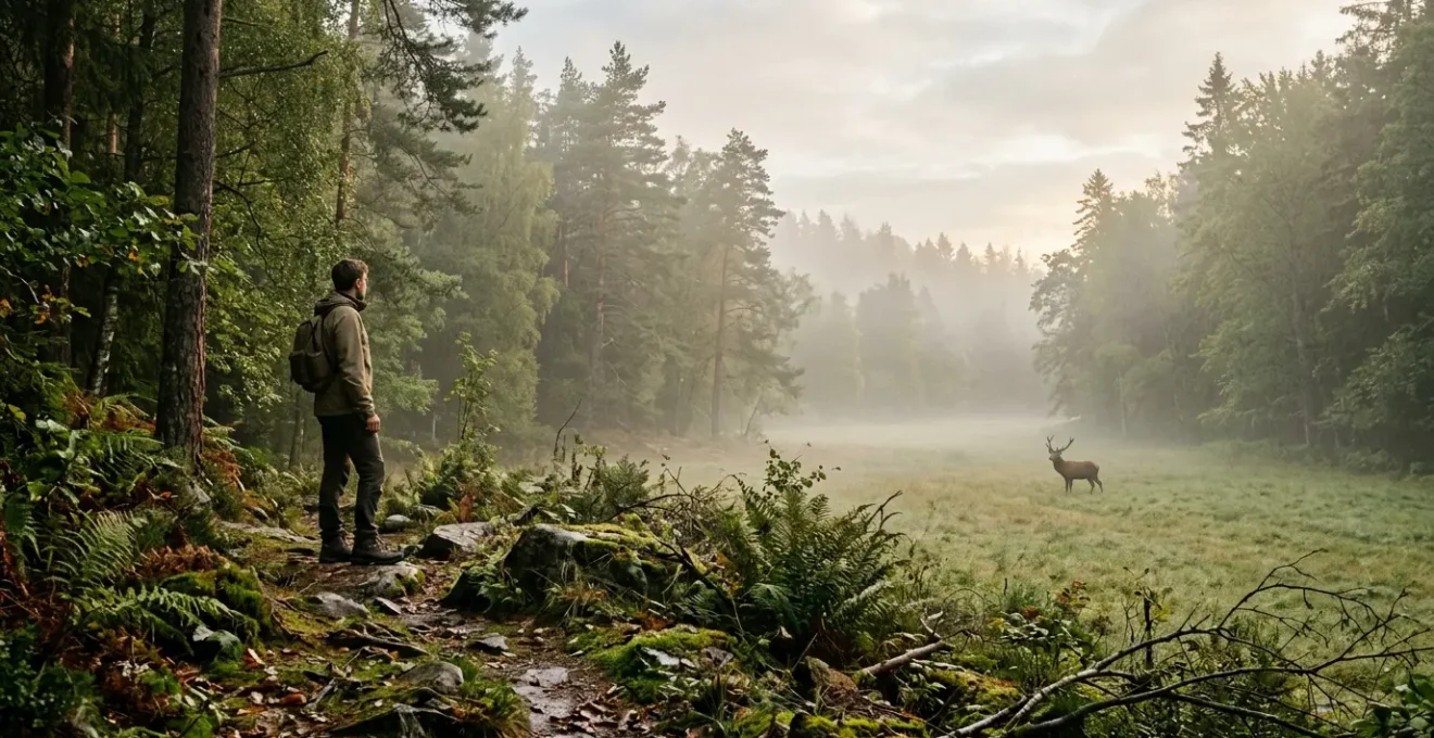 Randonneur immobile observant un cerf au loin dans une clairière forestière