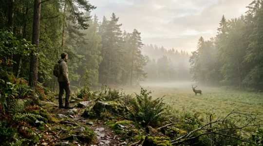 Randonneur immobile observant un cerf au loin dans une clairière forestière