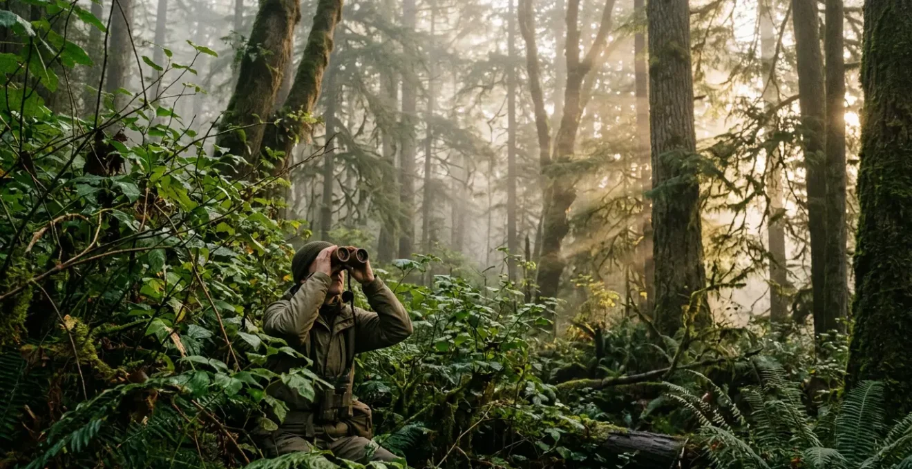 Observateur avec jumelles observant discrètement la faune dans une forêt luxuriante