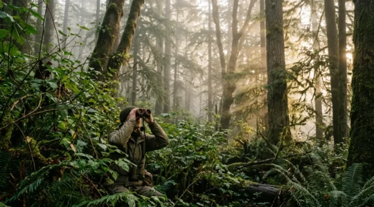 Observateur avec jumelles observant discrètement la faune dans une forêt luxuriante